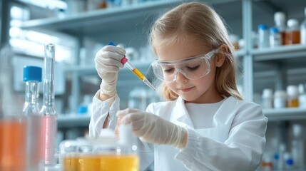 Young girl in lab coat conducting an experiment with colorful liquids in a laboratory setting, showcasing scientific curiosity and encouragement.