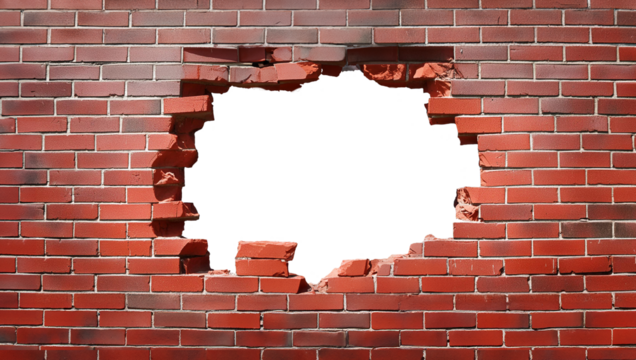 Old brick wall with a large hole in the middle. Abstract background in red and gray and with copy space.