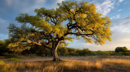 Fototapeta premium A sizable tree stands alone in an open field against a backdrop of a clear blue sky dotted with scattered clouds