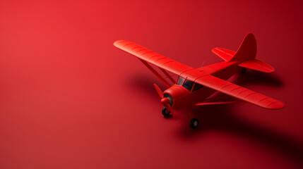 Red toy retro airplane on a red copy space background. Creative wallpaper with red plane. Concept:...