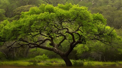  A large green tree stands centrally in a grassy expanse, surrounded by trees in the background and lush grass in the foreground