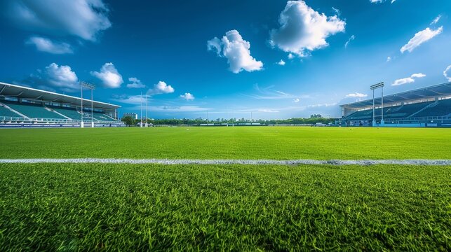 A captivating view of a modern rugby stadium bathed in the warm glow of sunlight under a clear blue sky. The lush green field, surrounded by empty stands, evokes a sense of anticipation and excitement