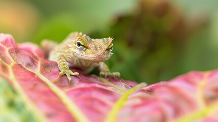  A small lizard atop a green-pink leaf, surrounded by numerous green and pink leaves Background softly blurred
