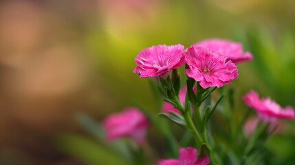 Obraz premium A vase filled with pink blooms, their green stems prominent in the foreground, while the background softens to a blur of similar-hued blossoms
