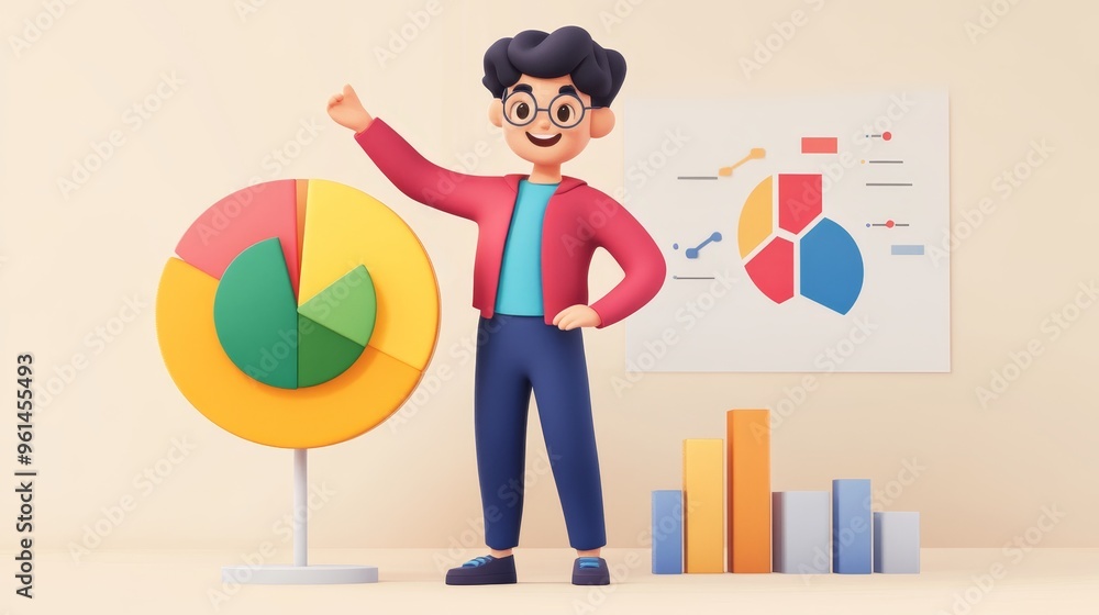 Aufkleber a cartoon illustration of a happy data analyst standing in front of a pie chart and bar graph, symbo