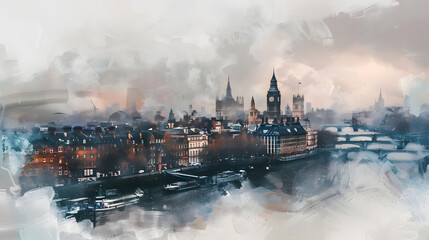 Victorian Cityscape Watercolor painting style