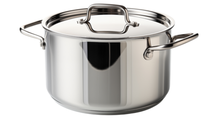 classic stainless steel cooking pot, studio view, isolated on transparent background.