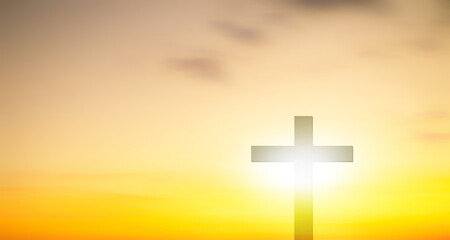 Cross christian god religion on sunset background, jesus church worship pray catholic grace christ,...