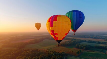 Colorful hot air balloons float gracefully over a serene landscape at sunset, creating a picturesque and tranquil scene.