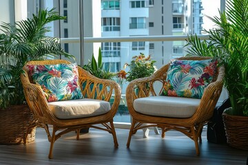 Obraz premium Cozy seating area with tropical cushions and plants, creating a relaxing atmosphere.