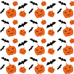 Hand drawn flat halloween pattern design. pumpkin and bats pattern design isolated white background.