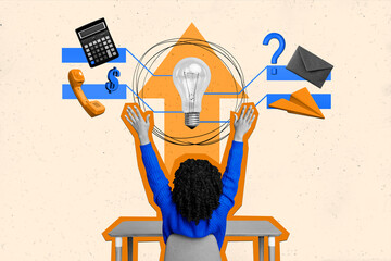 Composite artwork collage of office manager multitask young lady work hand up idea bulb question...