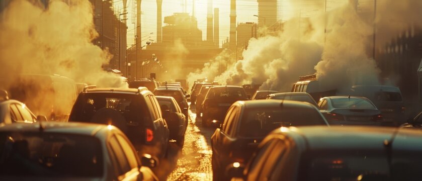 City traffic jam with cars emitting thick clouds of pollution during sunset. The hazy urban scene highlights environmental issues such as air pollution and congestion