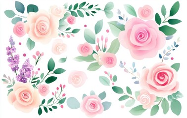 Collection of roses, hyacinths, branches, eucalyptus, bud, exotic leaf, herbs. Watercolor illustration.