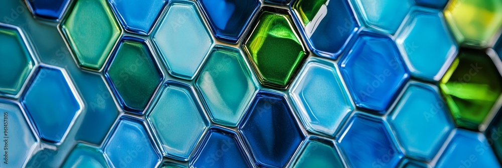 Poster a close-up abstract image of blue and green hexagon tiles, creating a pattern of geometric shapes. i