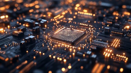 A close-up image of a circuit board with intricate wiring and glowing LEDs. The image symbolizes the complexity and interconnectedness of modern technology, the flow of data, and the power of innovati