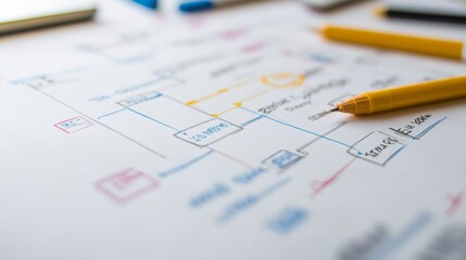 Fototapeta premium A close-up image of a database schema diagram drawn on a whiteboard, showcasing a detailed design process. The image highlights the use of different colors to represent different data relationships an