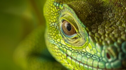 Fototapeta premium A tight shot of a green lizard's eye Surrounding background of grass and leaves subtly blurred