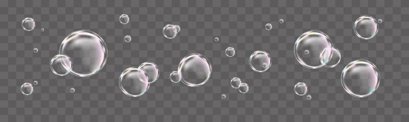 Soap Bubbles,Vector Collection Realistic Clear Bubbles on transparent background. Vector flying set Air foam shampoo bubbles