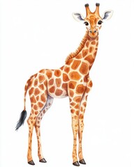 Obraz premium A charming illustration of a cute giraffe standing tall, showcasing its unique patterns and friendly expression.