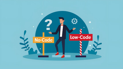 business person choosing between two paths labeled "Low-Code" and "No-Code"