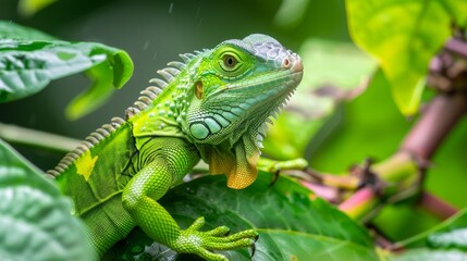  A tight shot of a green iguana perched on a branch laden with leaves, beneath a cascading rain shower