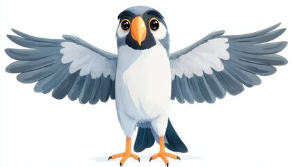 A colorful cartoon bird with outstretched wings, featuring a unique blend of gray and white feathers, perfect for illustrations.