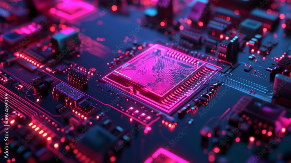 Poster a close-up of a circuit board with a glowing neon processor. the image symbolizes innovation, techno