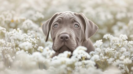  A shocked dog's close-up in a flowery field, its eyes wide with amazement