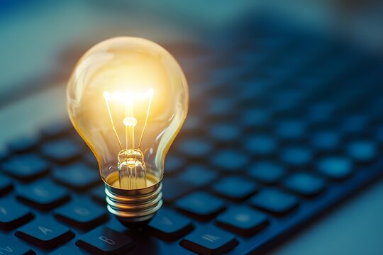 A Lit Lightbulb Situated on a Blue Keyboard
