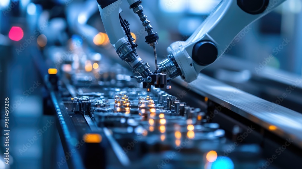 Poster robotic arm assembling components on a production line in an industrial setting.