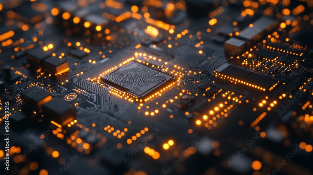 Poster a close-up of a circuit board with intricate wiring and glowing leds. the image symbolizes technolog