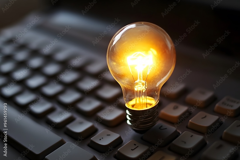 Poster illuminated light bulb resting on a computer keyboard