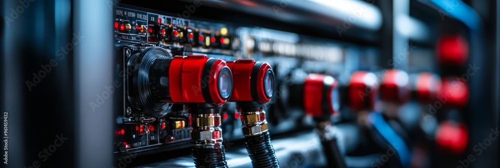 Poster a close-up of a fire suppression system being configured in a server room. the image shows red valve