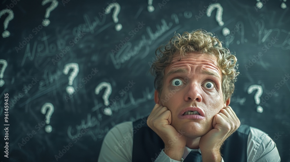 Wall mural overwhelmed businessman with stressed face expression and question mark on chalkboard