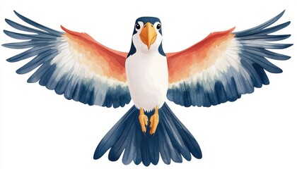 Obraz premium A vibrant bird spreads its colorful wings, showcasing stunning feathers in shades of blue, orange, and white, full of life and energy.