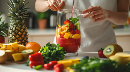 A person preparing a colorful smoothie with fresh fruits and vegetables in a bright kitchen 