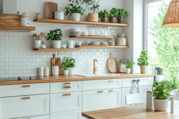 A bright, modern kitchen featuring plants, wooden shelves, and a clean, organized layout.