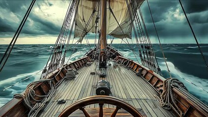 View of the deck from behind the ships wheel on an old pirate sailing ship in open sea on sunny day - Powered by Adobe