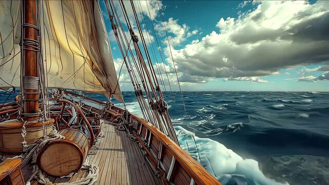 View of the deck from behind the ships wheel on an old pirate sailing ship in open sea on sunny day