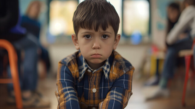 Little children looking sad or crying in the school hallways Bullying within school