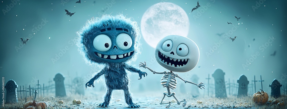Poster a cheerful frankenstein monster and a happy skeleton dancing under the moonlight, with a spooky yet 