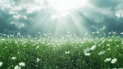 Fototapeta premium White Flowers Field Sunny Sky Green Grass Nature Landscape