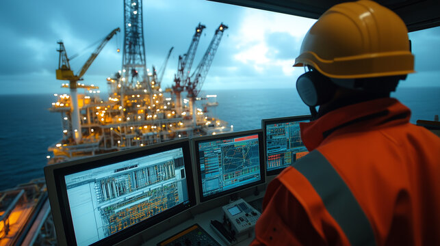 A worker monitors offshore oil rig operations at sunset, showcasing technology and industry in a dramatic marine setting.