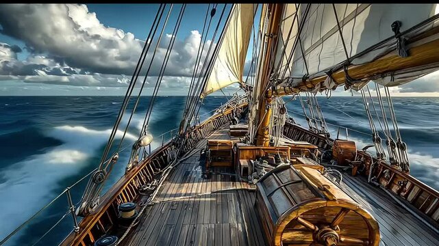 View of the deck from behind the ships wheel on an old pirate sailing ship in open sea on sunny day