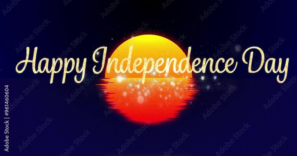 Sticker Happy Independence Day text animation over glowing sunset with sparkling lights