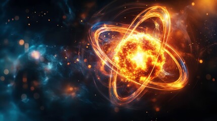 Fusion and fission processes within the atomic nucleus, visualizing energy release and particle interactions