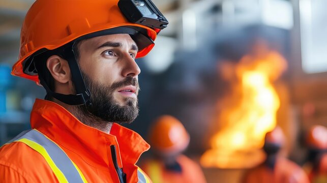 Focused worker in safety gear observes fire hazard, emphasizing industrial safety and emergency response preparedness.
