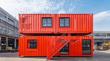 Fototapeta premium A bright red container building in an industrial setting, used as an office space for a small tech company