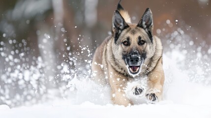  A dog runs through the snow with its mouth open and front paws lifted